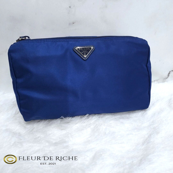 Prada Necessaire Tessuto Nylon Medium Toiletry Clutch Case Blue Bleuette 1NA012 - Picture 2 of 11